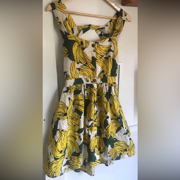 DANGERFIELD Bananas Print Yellow Cotton Fit & Flare Skater Pinafore Mini Dress - Picture 5 of 9